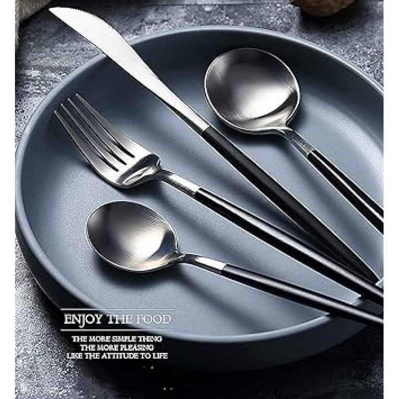 cuton 큐톤 수저세트, 스푼포크나이프, 1인용, 디너스푼, 디너포크, 디너피스트, 4인세트, 포루투갈식, 큐톤, 키즈, 레스토랑, 양식기, 키친, 18-8, 스테인리스, 스테이크, 피자, 파스타, 디저트, 케이크, 커피, 집, 레스토랑, 저녁 식사, 결혼 선물, 선물 (블랙 실버, 4개 세트)
