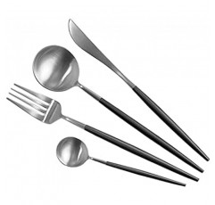 cuton 큐톤 수저세트, 스푼포크나이프, 1인용, 디너스푼, 디너포크, 디너피스트, 4인세트, 포루투갈식, 큐톤, 키즈, 레스토랑, 양식기, 키친, 18-8, 스테인리스, 스테이크, 피자, 파스타, 디저트, 케이크, 커피, 집, 레스토랑, 저녁 식사, 결혼 선물, 선물 (블랙 실버, 4개 세트)
