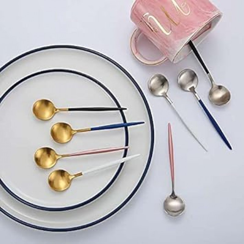 Cesa Beams 플랫웨어 세트, 스푼, 디저트 스푼, 티스푼, ​​커피 스푼, 미니 스푼, 4개 세트, 패셔너블, 큐트, 무광 마감, 20가지 색상(매트 골드, 4 티스푼) (/-Small S4/)