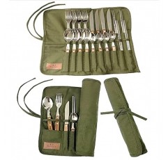 kuuupiii 커트러리 세트, 4인용, 21피스 세트, 캠핑, 야외, 보관, 목재, 스테인리스 스틸, 스타일리시, 바베큐, 어린이, 성인, 가족, 그룹, 솔로 캠핑, 커트러리, 바베큐, 컴팩트, 레저, 경량, 접이식 , 조리기구, 휴대용, 캠핑용 밥, 나이프, 포크, 스푼, 스크랩, 내추럴(모스그린)