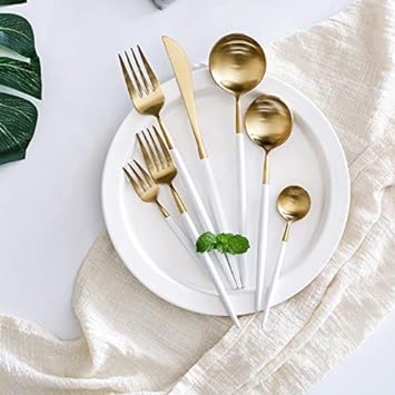 밍키 커트러리 세트, 골드, 스타일리시, 식기, 스테인리스 스틸, 디너 커트러리 세트, 나이프, 스푼 포크 세트, 스테이크 나이프, 테이블 나이프, 디저트 스푼, 파스타 포크, 디너 세트, 잘게 썬 디너 나이프, 포크 스푼, 스테이크 포크, 서양식 식기 세트, 레스토랑용, 가정, 식기세척기 안전, 주방 용품, 크리스마스, 결혼 선물, 광택, 선물, 저녁 스푼, 나이프, 포크 + 티스푼, ​​기본 조각 4개