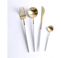 밍키 커트러리 세트, 골드, 스타일리시, 식기, 스테인리스 스틸, 디너 커트러리 세트, 나이프, 스푼 포크 세트, 스테이크 나이프, 테이블 나이프, 디저트 스푼, 파스타 포크, 디너 세트, 잘게 썬 디너 나이프, 포크 스푼, 스테이크 포크, 서양식 식기 세트, 레스토랑용, 가정, 식기세척기 안전, 주방 용품, 크리스마스, 결혼 선물, 광택, 선물, 저녁 스푼, 나이프, 포크 + 티스푼, ​​기본 조각 4개