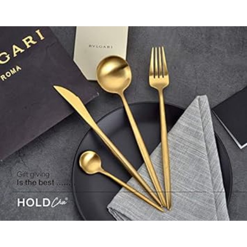 밍키 커트러리 세트, 골드, 스타일리시, 식기, 스테인리스 스틸, 디너 커트러리 세트, 나이프, 스푼 포크 세트, 스테이크 나이프, 테이블 나이프, 디저트 스푼, 파스타 포크, 디너 세트, 잘게 썬 디너 나이프, 포크 스푼, 스테이크 포크, 서양식 식기 세트, 레스토랑용, 가정, 식기세척기 안전, 주방 용품, 크리스마스, 결혼 선물, 광택, 선물, 저녁 스푼, 나이프, 포크 + 티스푼, ​​기본 조각 4개