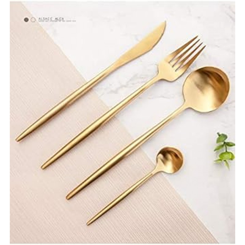 밍키 커트러리 세트, 골드, 스타일리시, 식기, 스테인리스 스틸, 디너 커트러리 세트, 나이프, 스푼 포크 세트, 스테이크 나이프, 테이블 나이프, 디저트 스푼, 파스타 포크, 디너 세트, 잘게 썬 디너 나이프, 포크 스푼, 스테이크 포크, 서양식 식기 세트, 레스토랑용, 가정, 식기세척기 안전, 주방 용품, 크리스마스, 결혼 선물, 광택, 선물, 저녁 스푼, 나이프, 포크 + 티스푼, ​​기본 조각 4개