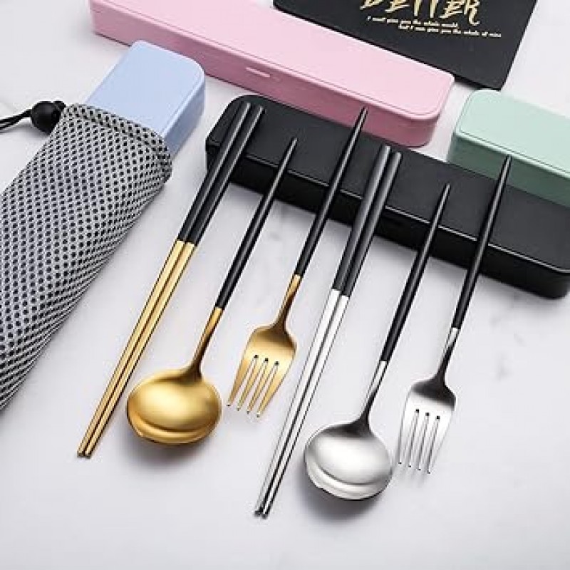 cesa beams 수저세트, 휴대용 수저, 휴대용, 수납, 심플, 컴팩트, 수저, 아웃도어, 캠핑, 낚시, 여행, 등산, 수저, 포크, 젓가락, 수납케이스, 수납파우치, 5종세트, 도시락, 회사도시락 세트,성인,출퇴근용,통학용,학생식기(블랙실버,3개+수납케이스+파우치) (블랙라운드밸브,블랙실버중2정사각1넷)