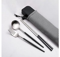 cesa beams 수저세트, 휴대용 수저, 휴대용, 수납, 심플, 컴팩트, 수저, 아웃도어, 캠핑, 낚시, 여행, 등산, 수저, 포크, 젓가락, 수납케이스, 수납파우치, 5종세트, 도시락, 회사도시락 세트,성인,출퇴근용,통학용,학생식기(블랙실버,3개+수납케이스+파우치) (블랙라운드밸브,블랙실버중2정사각1넷)