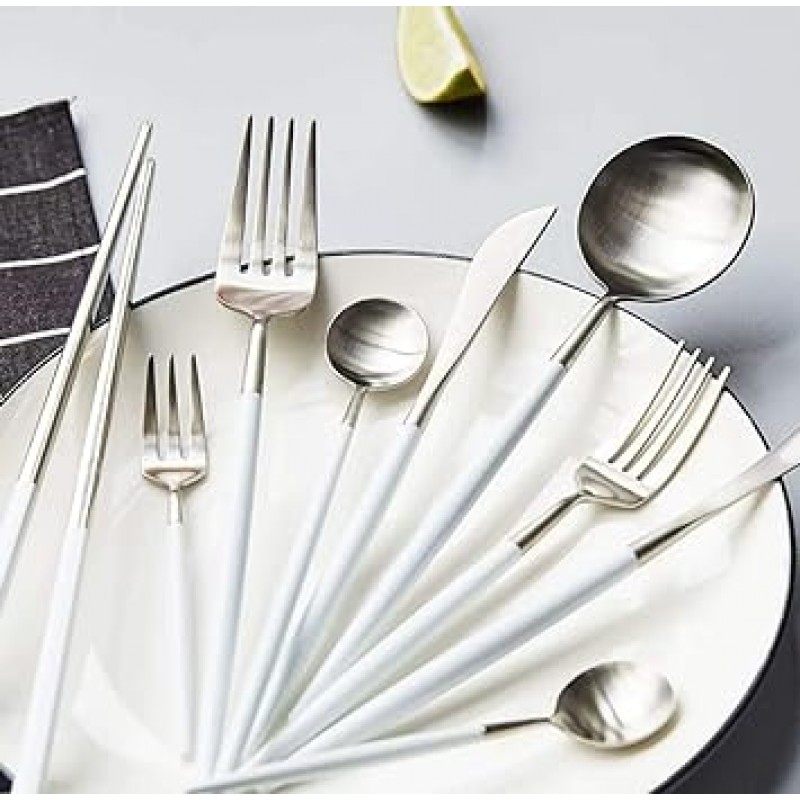 세사 빔스 인스타 토픽 커트러리 세트, 스푼, 포크, 나이프, 티스푼, ​​베이직 4종 세트, 스테인리스 스틸, 블랙 패턴, 디너 커트러리 세트, 윤기나는, 스테이크 나이프, 테이블 나이프, 디저트 스푼, 파스타 포크, 디너 세트, 커트러리, 디너 세트, 커트러리, 디너 세트, 커트러리 세트, 커트러리 세트, 레스토랑용, 가정용, 식기세척기 사용 가능, 유지 관리 용이, 커트러리 주방 용품 크리스마스 결혼 선물 선물 선물(화이트 실버)