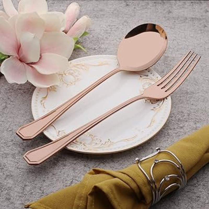 onlycooker 6 Piece Flatware 은 식기 서비스 for 6 스테인레스 스틸 칼 붙이 식기 식기 세척기 세이프로스 골드 2 set Serving Fork and Serving Spoon rose gold-23+12