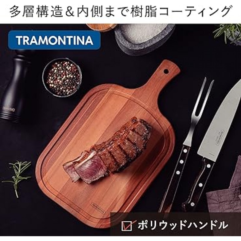 Tramontina 29899/497 TRAMONTINA 나무 손잡이 스테이크 나이프, 9.4인치(24cm) 및 테이블 포크, 8.3인치(21cm), 폴리우드 플러스 점보 2피스 세트, 다크 브라운, 박스형, 식기세척기 사용 가능, 브라질산