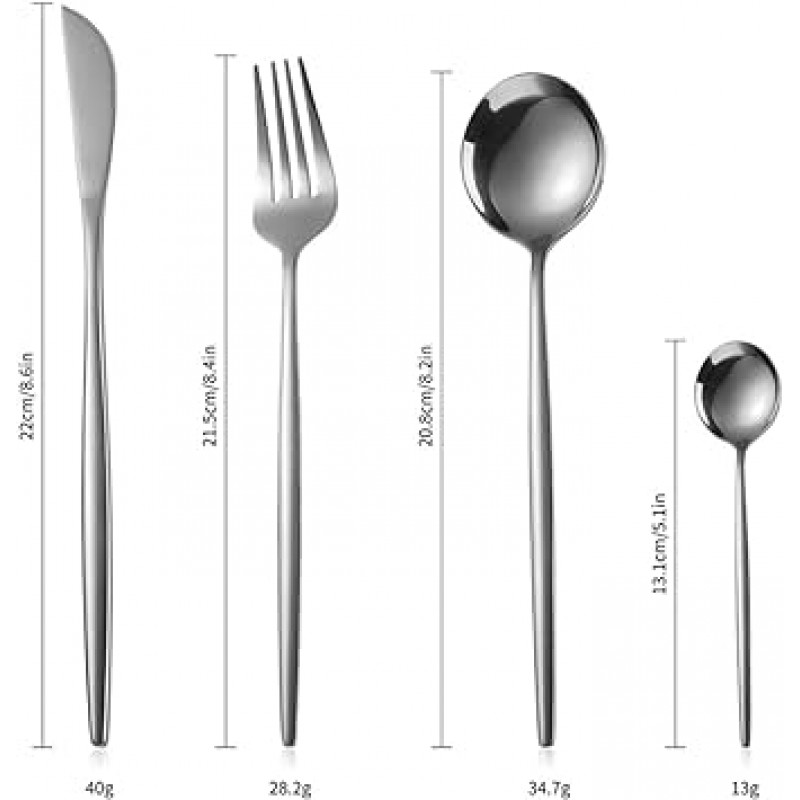 커트러리 세트, 스푼, 포크, 나이프, 티스푼, ​​케이크 포크, 광택 스테인리스 스틸, 디너 서양식 식기 세트, 식당용, 식기세척기 사용 가능(24피스 세트, 실버)