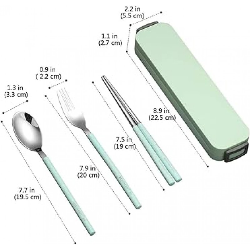 휴대용 여행 용품 재사용 가능한 칼 붙이 세트 케이스 포함 스테인레스 스틸 은 식기 칼 붙이 점심 테이블웨어 3 점 풀 사이즈 포크 숟가락 칼 컬러 핸들 (MC 그린 + 블루 세트)