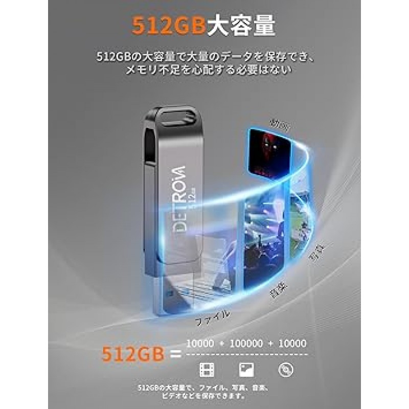 DETROVA USB 메모리, 512GB, USB 3.0 메모리, 대용량, 외부 용량, 용량 부족 제거, 360도 회전, Mac, Windows PC, 합금, 방수, 방진, 충격 방지, 휴대용, 편리함, 플러그 앤 플레이