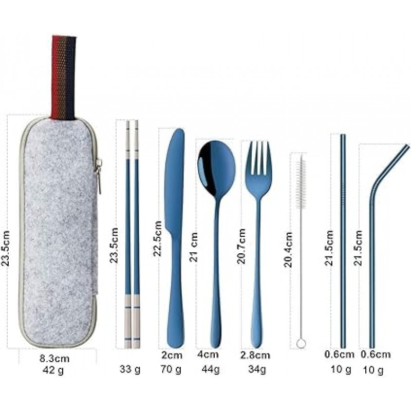 스테인리스 수저세트, 젓가락, 칼, 포크, 수저, 빨대, 수납가방, 짚솔, 8종세트, 휴대용 수저세트, 디너세트, 블루