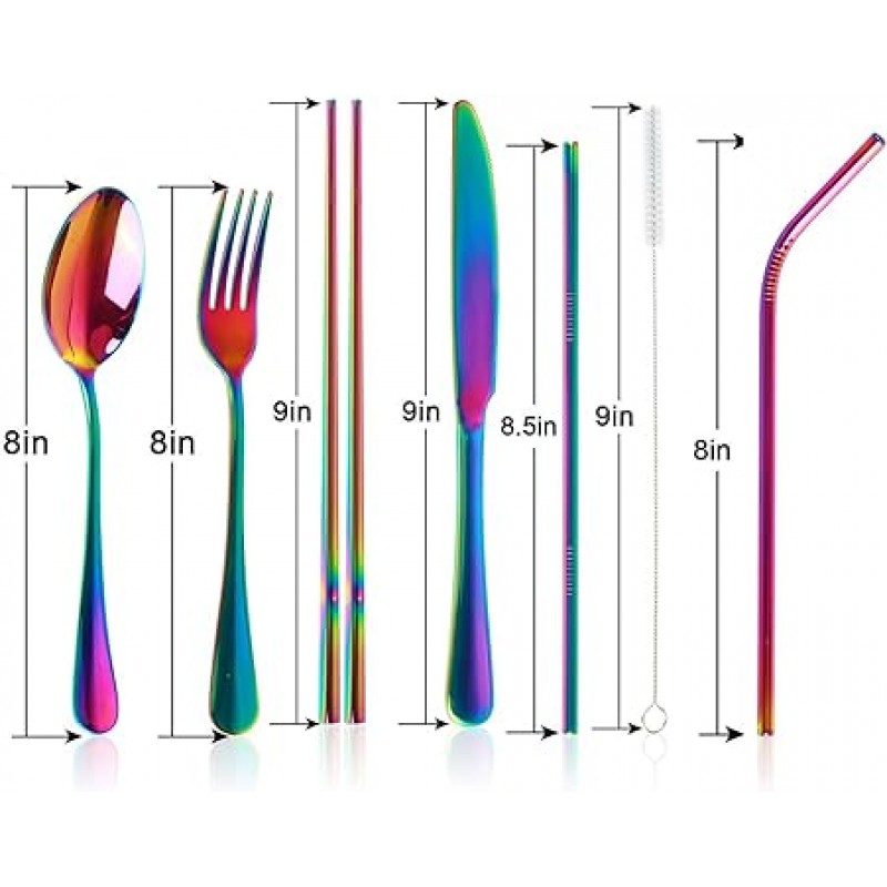 캠핑 사무실 학교 점심 식기 세척기 안전 (레인보우)에 대 한 빨 대와 스테인레스 스틸 Flatware 세트 재사용 가능한 칼 세트