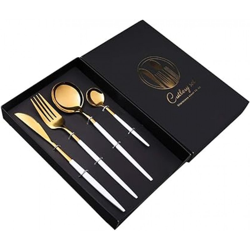 SSXY 스테인레스 스틸 칼 세트, Flatware 저녁 식사 북유럽 칼 붙이 칼 붙이, 4PCS 선물 세트 블랙 선물 상자