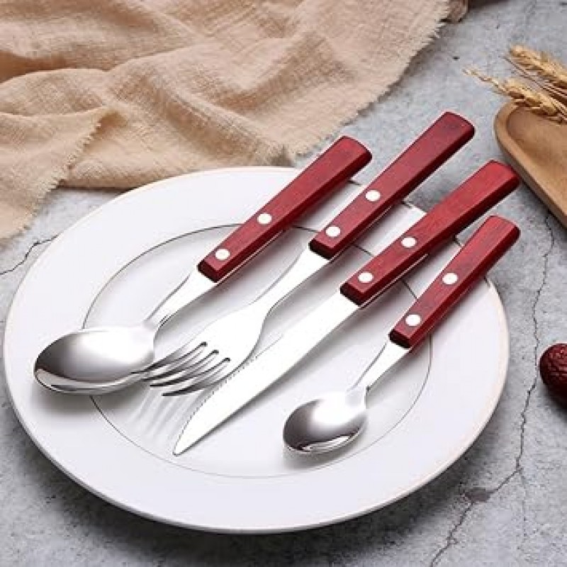 나무 손잡이 스테이크 나이프 7.9인치(20cm), 테이블 포크 7.5인치(19cm), 5.9인치(15cm), 테이블스푼 7.5인치(19cm), 전통 4개 세트(A)