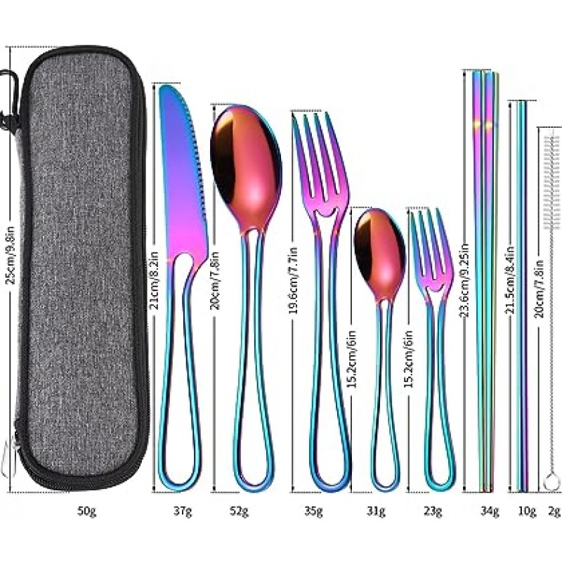 AARAINBOW 8 개 스테인레스 스틸 플랫웨어 세트 휴대용 재사용 가능 칼 붙이 세트 여행 용품 세트 젓가락 나이프 포크 스푼 빨대 청소 브러쉬 식세기 대응 (멀티 컬러)