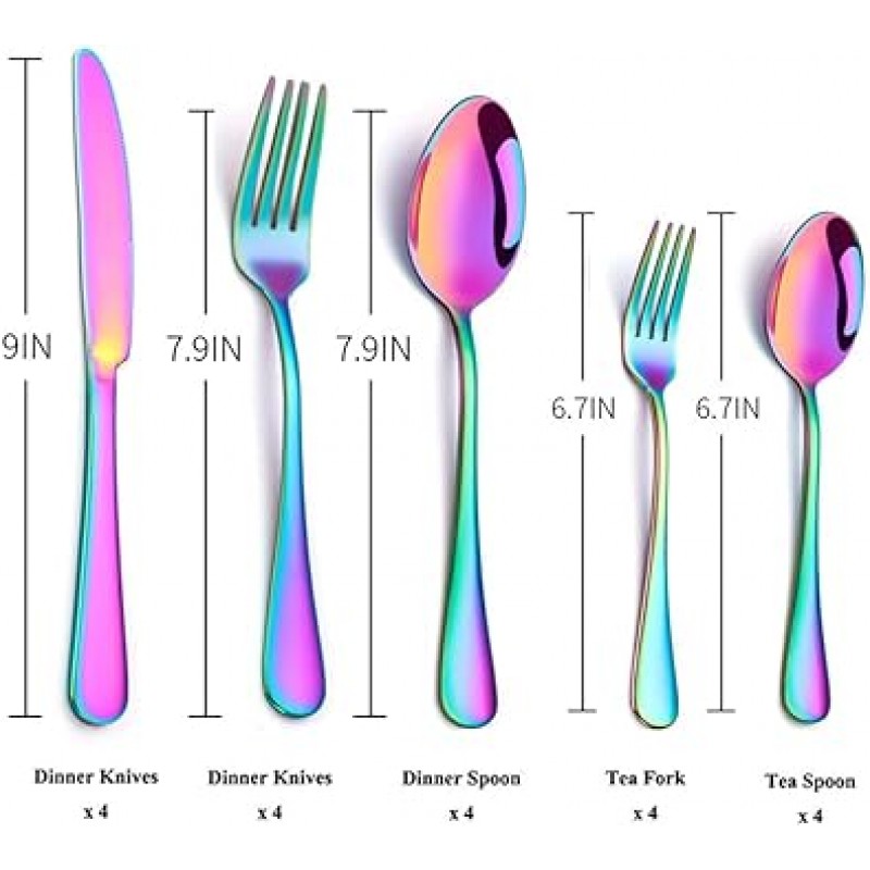 레인보우 플랫웨어 세트 화려한 스테인레스 스틸 은 식기 식기 세트 색깔 식기 세트 4 인용 20 개