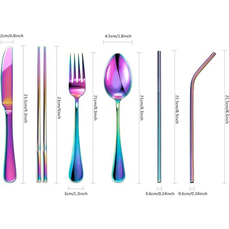 Tatuo 7피스 휴대용 스테인레스 스틸 플랫웨어 세트 여행 칼 붙이 식기 세트 케이스가 있는 재사용 가능한 주방 용품 스테인레스 스틸 나이프, 포크, 스푼, 젓가락, 빨대(다색)