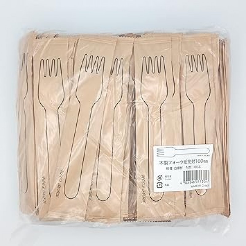 Kyushu Shiko WF-002N 목제 수저, Craft Complete Forks, 종이 포장, 100개 팩, 목재, 개별 포장, 일회용, 친환경, 카페, 야외, 환대