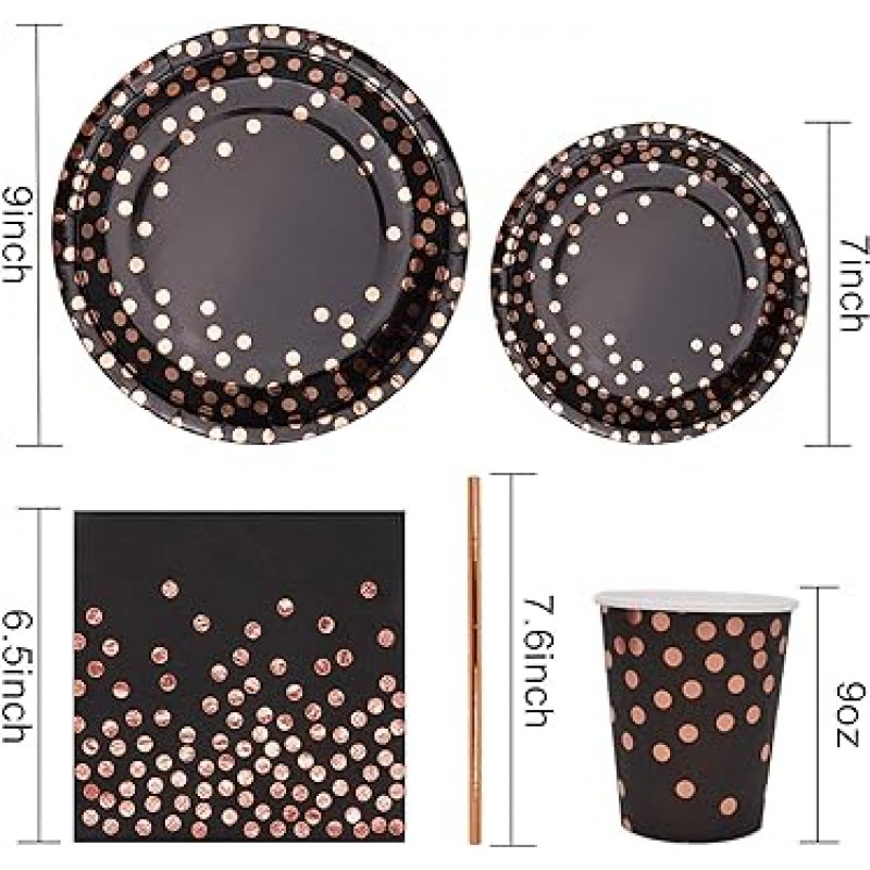 블랙과 로즈 골드 파티 용품 200 개 로즈 골드 디너웨어 세트 9 인치 플레이트 25 장 7 인치 종이 플레이트 컵 냅킨 25 장 플라스틱 식기 세트 생일 베이비 샤워 파티 장식