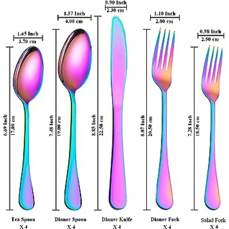 (20개) - Berglander 플랫웨어 세트 20피스, 티타늄 색상이 도금된 스테인리스 스틸, 다색 플랫웨어 세트, 식기류, 레인보우 컬러 커트러리 세트 서비스 4인용