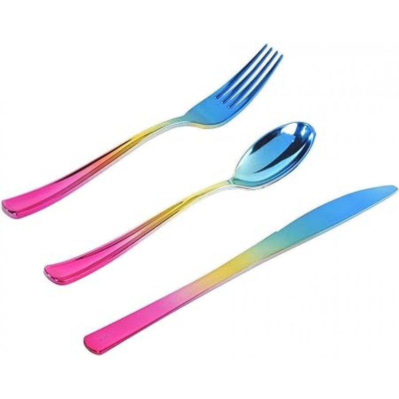 120pcs 일회용 골드 플라스틱 Silverware, 플라스틱 무지개 Silverware 세트, 골드 플라스틱 Flatware, Enjoylife