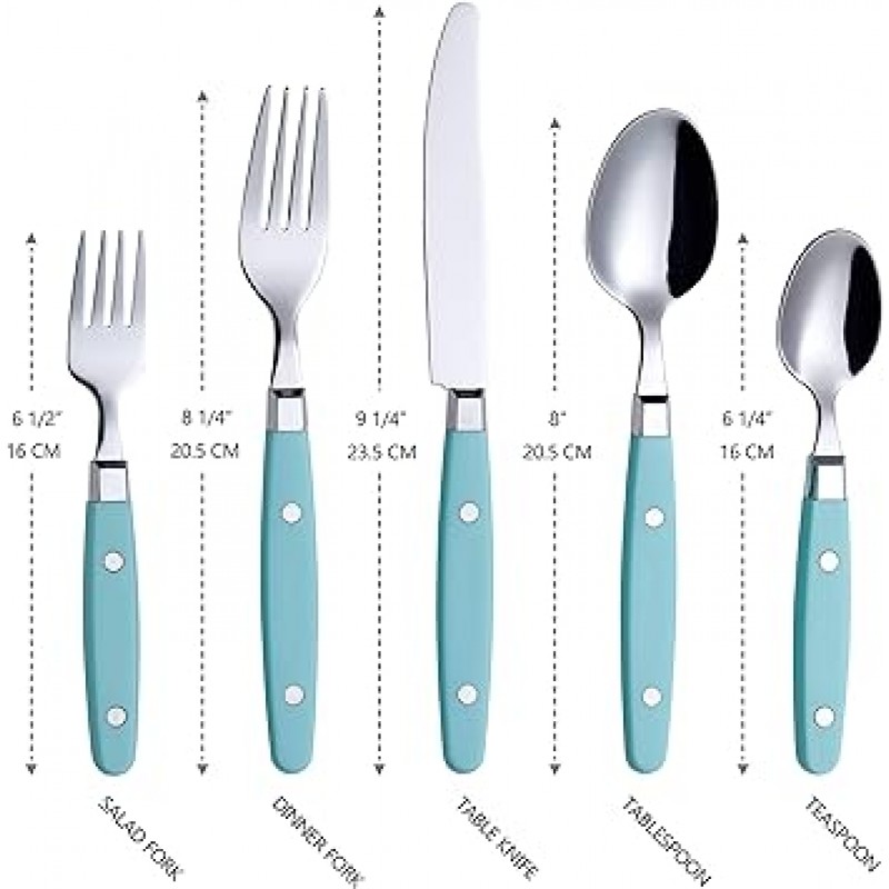 ANNOVA 실버 웨어 세트 20 개 스테인레스 스틸 칼 칼리 컬러 핸들 리벳 / 레트로 스타일 플랫웨어 디너 나이프 4 개 디너 포크 4 개 샐러드 포크 4 개 4 스푼 티스푼 4 개 터키석 4 개
