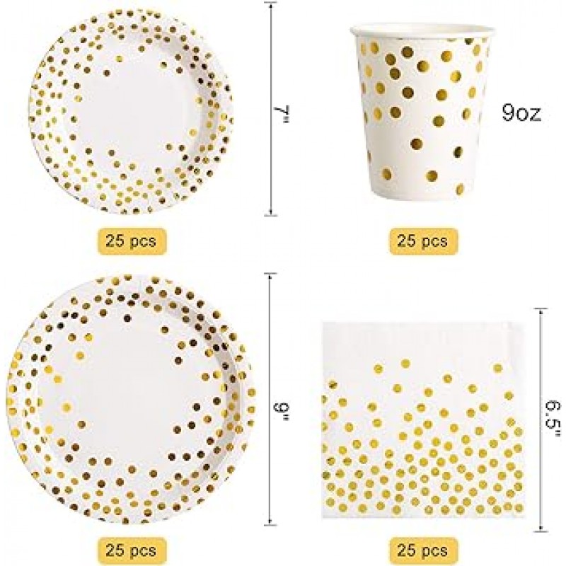 175피스 골드 파티 용품 세트 25인분 - 골드 종이 접시, 종이 냅킨, 종이 컵, 웨딩, 브라이덜 샤워, 베이비 샤워 홀리데이 파티를 위한 골드 플라스틱 식기 세트