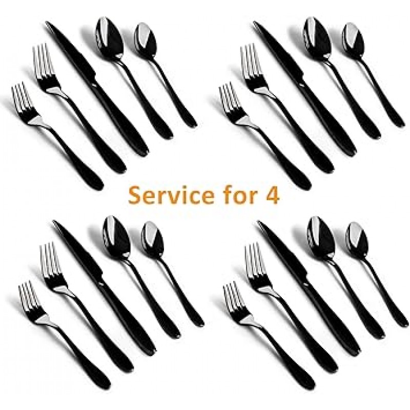 은 식기 세트, e-far 20-piece 블랙 스테인레스 스틸 Flatware Utensil Set Service for 4, Include 칼/숟가락/포크, 거울 연마, 식기 세척기 안전