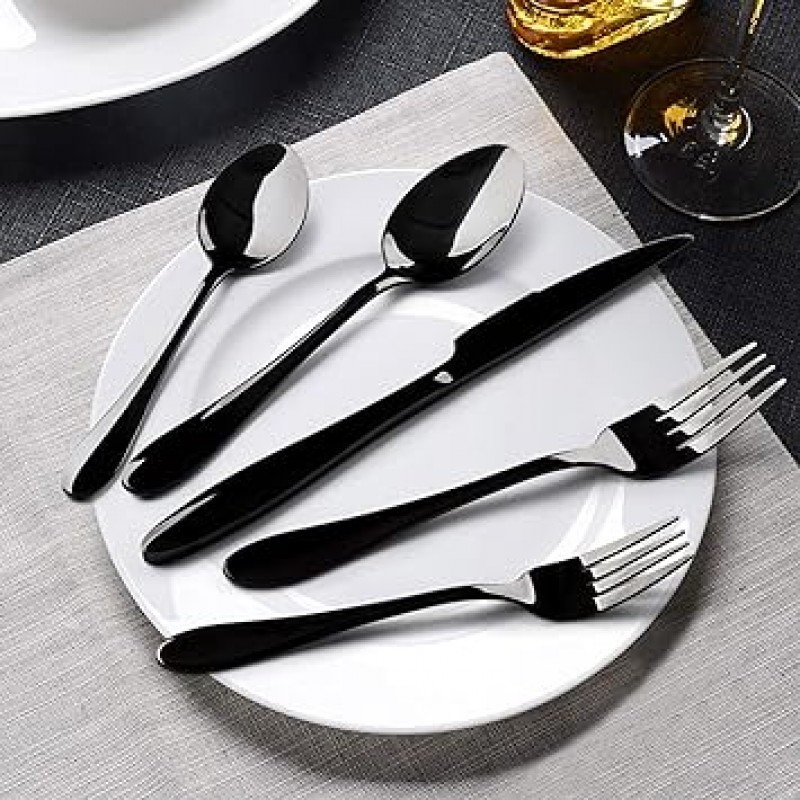 은 식기 세트, e-far 20-piece 블랙 스테인레스 스틸 Flatware Utensil Set Service for 4, Include 칼/숟가락/포크, 거울 연마, 식기 세척기 안전