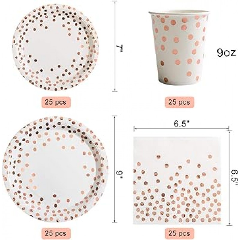 로즈 골드 파티 용품 175피스 - 웨딩 신부 샤워 파티 약혼 파티 생일 파티를 위한 로즈 골드 점이 있는 흰색 종이 접시 및 종이 냅킨 및 종이 컵 및 수저 세트 25개