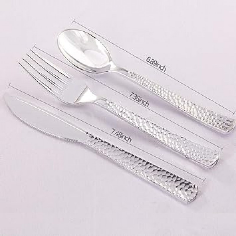 180pieces 플라스틱 Silverware 세트, 일회용 플라스틱은 결혼식, 파티 실버 플라스틱 칼 붙이, 플라스틱 실버 Hammered 칼 붙이, 튼튼한, Enjoy Life