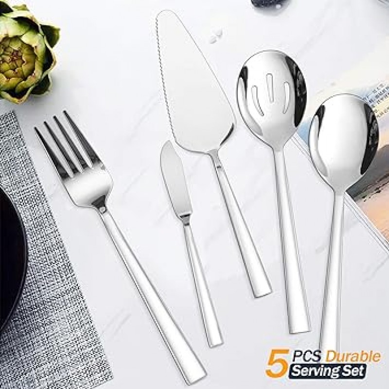 53 개 은 식기 세트 스테이크 나이프 포함 솔리드 스테인레스 스틸 플랫웨어 서빙 용품 우아한 모던 디자인 칼 붙이 테이블 웨어 세트 홈 홀리데이 선물 식세기 대응 8 인용
