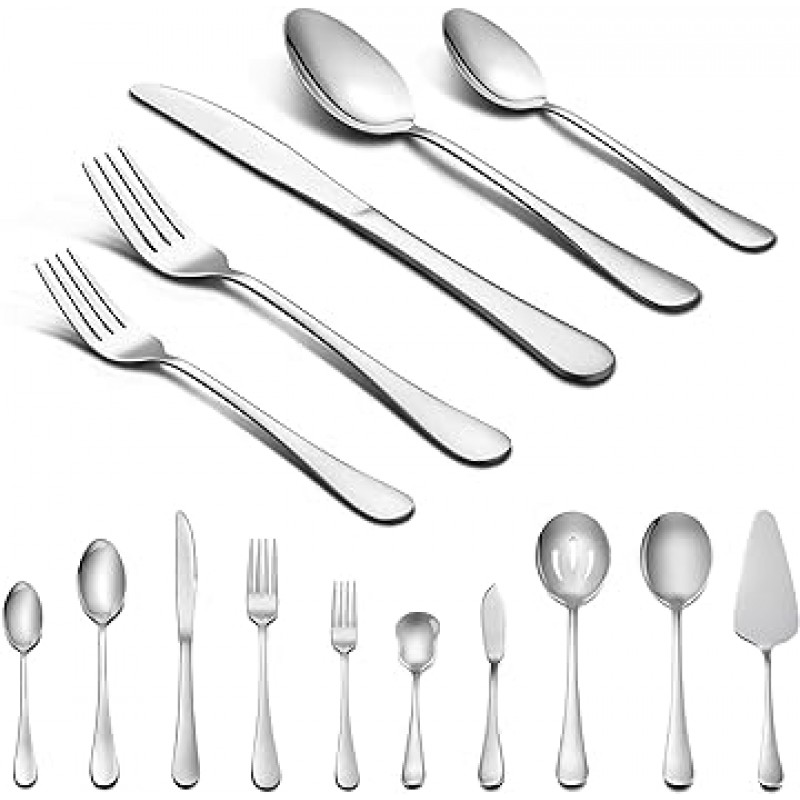 Silverware 세트 with Serving Pieces, Lianyu 45-piece Flatware 세트 8를 위한 서비스, 스테인레스 스틸 칼 붙이 부엌 호텔 레스토랑 웨딩 파티, 거울 마무리, 식기 세척기 안전