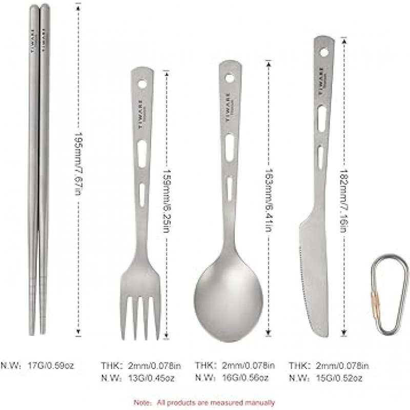 티타늄 초경량 테이블웨어 튼튼한 나이프 포크 숟가락 젓가락 칼라 세트 카라비나 클립 포함 재사용 가능 방청 하이킹 캠프 스카우트 야외 스포츠 친환경 파우치 포함