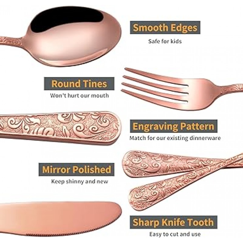 럭셔리 로즈 골드 실버 웨어 세트 4인용 20점 경면 연마 플랫 웨어 세트 조각 모양 식세기 대응