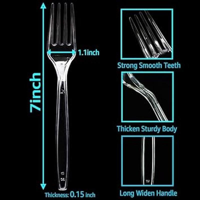 [100 책] 고 내구성 클리어 플라스틱 포크 일회용 플라스틱 포크 벌크 식기 재사용 가능한 칼집 세트 두꺼운 플라스틱 웨어 파티/일상 사용/피크닉/캠프/웨딩/바베큐용