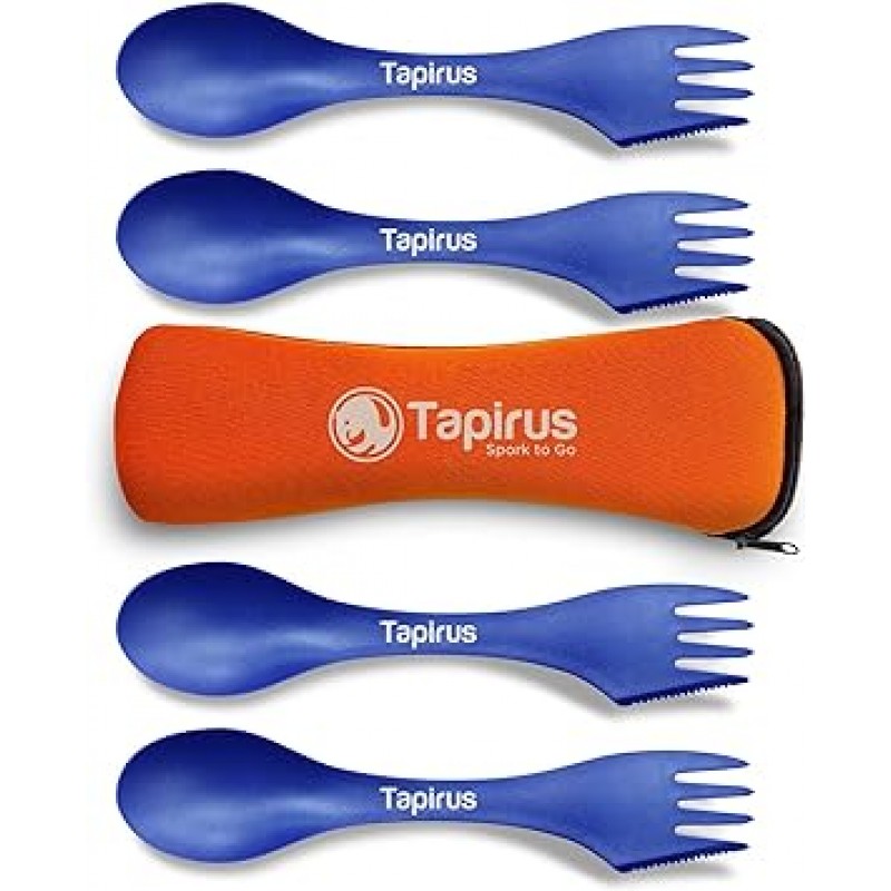 Tapirus 4 블루 스포크 세트 - 튼튼하고 BPA 프리 스포크 - 숟가락 포크 나이프 콤보 식기 칼집 - 캠프 사냥 야외 활동을위한 흩어져있는 키트 - 캐리 케이스 포함 (블루)