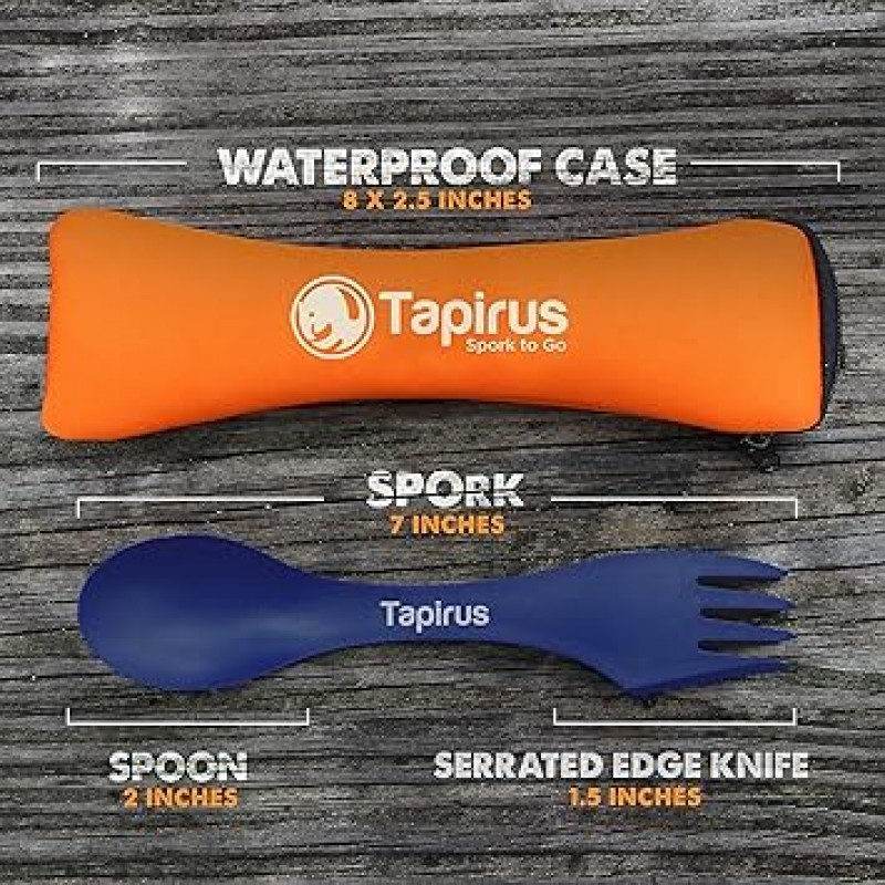 Tapirus 4 블루 스포크 세트 - 튼튼하고 BPA 프리 스포크 - 숟가락 포크 나이프 콤보 식기 칼집 - 캠프 사냥 야외 활동을위한 흩어져있는 키트 - 캐리 케이스 포함 (블루)