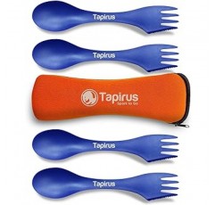 Tapirus 4 블루 스포크 세트 - 튼튼하고 BPA 프리 스포크 - 숟가락 포크 나이프 콤보 식기 칼집 - 캠프 사냥 야외 활동을위한 흩어져있는 키트 - 캐리 케이스 포함 (블루)