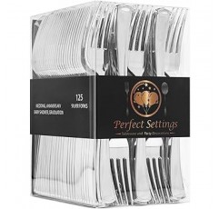 Perfect Settings 125 플라스틱 포크 칼 붙이 – 연마된 일회용 포크 은식기 세트 고내구성 우아한 팬 디자인