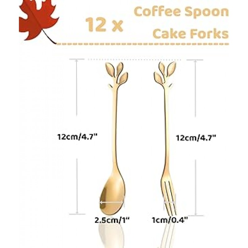 커피 스푼 & 디저트 포크 24 개 4.9 인치 리프 핸들 스테인레스 스틸 스푼 포크 식기 설탕 아이스크림 과일 케이크를 섞는다 (12+12, 골드, 리프)