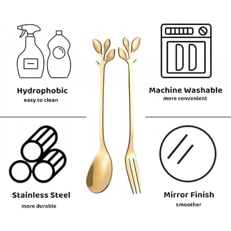 커피 스푼 & 디저트 포크 24 개 4.9 인치 리프 핸들 스테인레스 스틸 스푼 포크 식기 설탕 아이스크림 과일 케이크를 섞는다 (12+12, 골드, 리프)