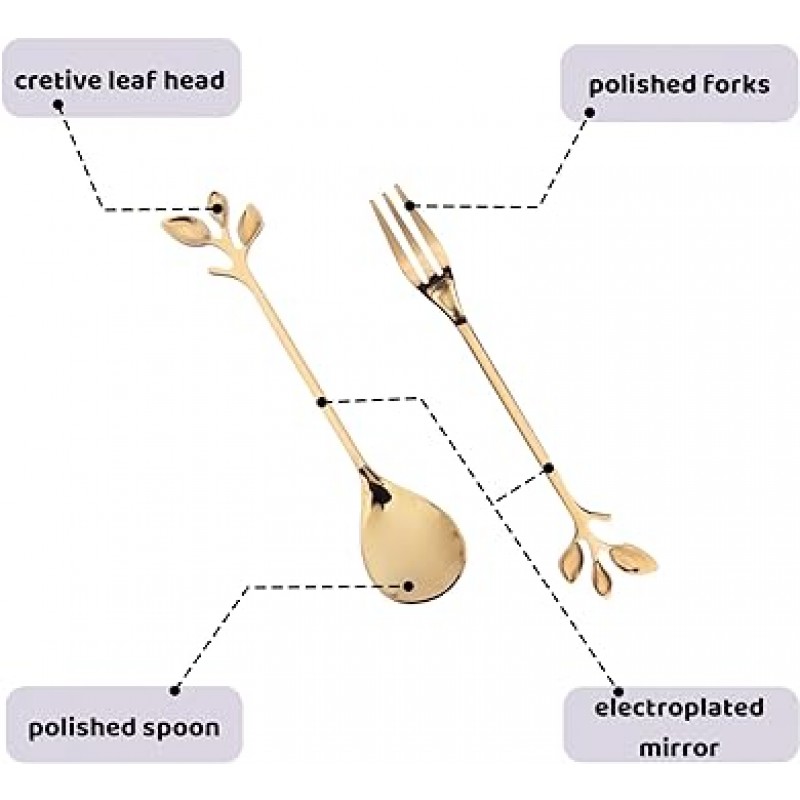 커피 스푼 & 디저트 포크 24 개 4.9 인치 리프 핸들 스테인레스 스틸 스푼 포크 식기 설탕 아이스크림 과일 케이크를 섞는다 (12+12, 골드, 리프)