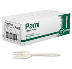 PAMI (파미) 중간 무게 일회용 플라스틱 포크 [1000 개 팩] - 벌크 화이트 플라스틱 칼 붙이 파티 결혼식 케이터링 푸드 스탠드 가져 오기 주문 등 - 튼튼한 일회용 파티웨어 포크