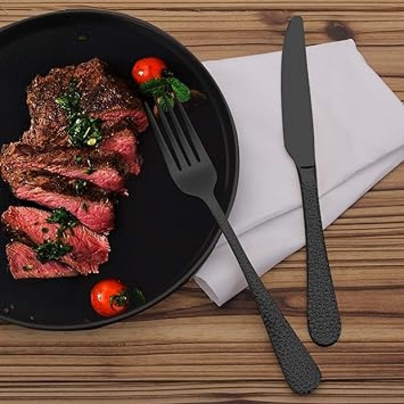 GIOCOCO 망치 마무리 매트 블랙 은 식기 세트 20점 프리미엄 스테인리스 스틸 식기 세트 4인용 식기 칼 붙이 세트