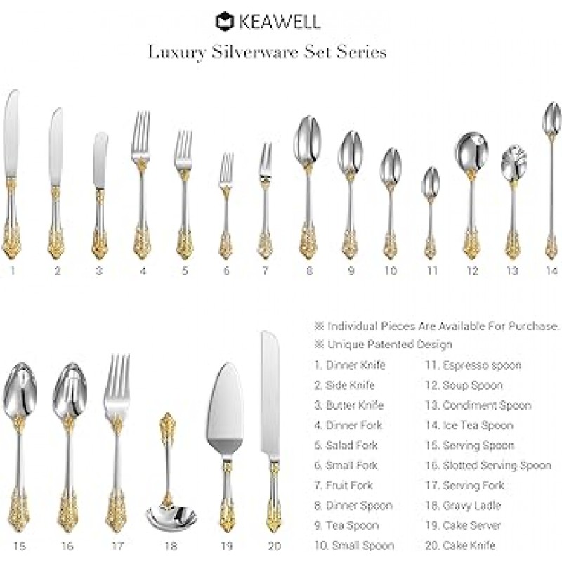 KEAWELL 럭셔리 20 개 18/10 스테인레스 스틸 칼 붙이 세트 4 인용 골드 악센트 실버 도금 가공 고급 실버 웨어 세트 식기 세척기 대응