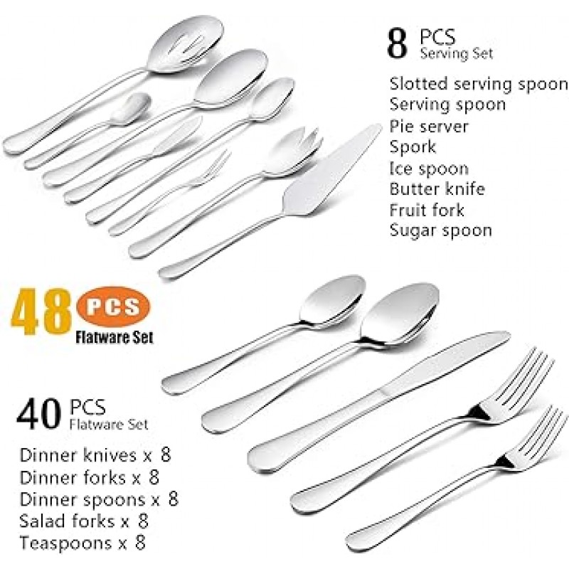 은 식기 세트, Haware 48-piece Flatware 세트, 스테인레스 스틸 칼 붙이 세트 서비스 for 8, 8 개, Serving 식기, 미러 Finished, 식기 세척기 안전