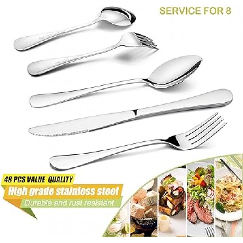 은 식기 세트, Haware 48-piece Flatware 세트, 스테인레스 스틸 칼 붙이 세트 서비스 for 8, 8 개, Serving 식기, 미러 Finished, 식기 세척기 안전